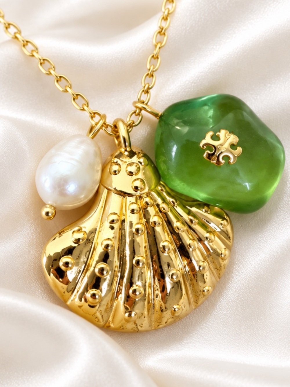Tori Burch Gold Seashell/Green Glass/Pearl Charm Pendant Necklace.